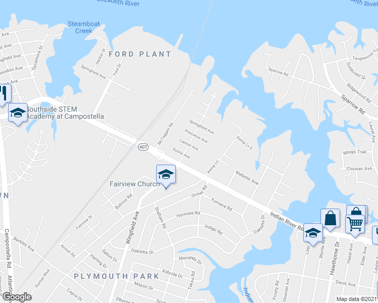 map of restaurants, bars, coffee shops, grocery stores, and more near 920 Wingfield Ave in Chesapeake