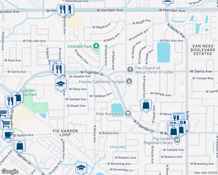 map of restaurants, bars, coffee shops, grocery stores, and more near 6307 North Selland Avenue in Fresno