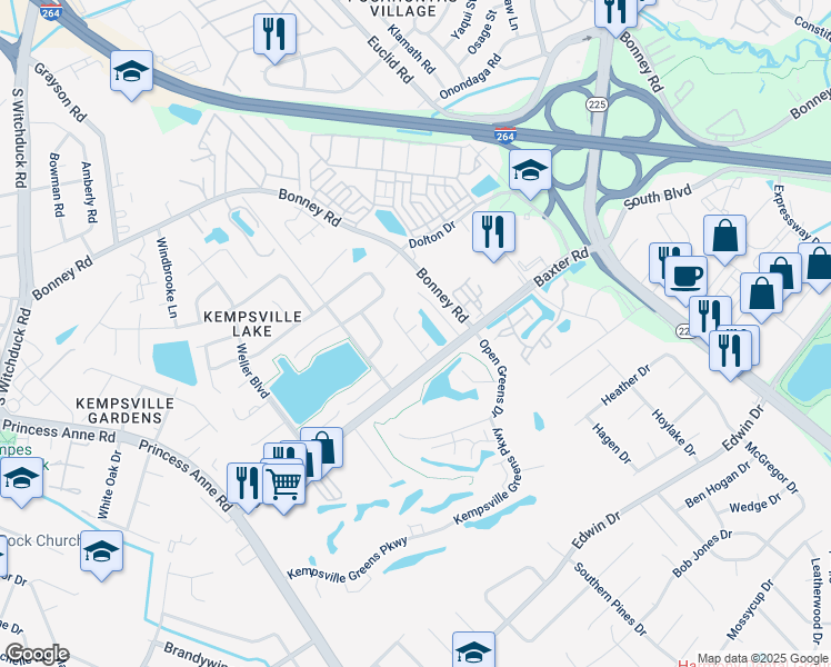 map of restaurants, bars, coffee shops, grocery stores, and more near 4709 Parvathi Court in Virginia Beach