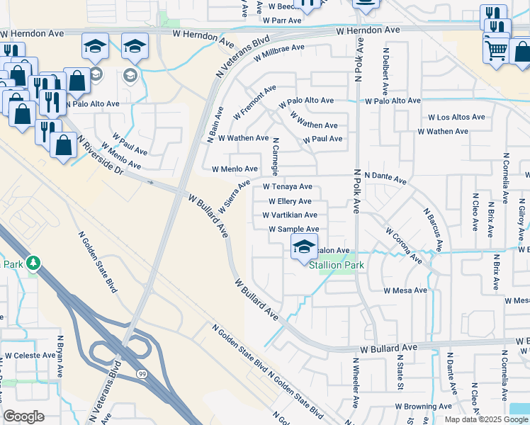 map of restaurants, bars, coffee shops, grocery stores, and more near 5796 West Vartikian Avenue in Fresno