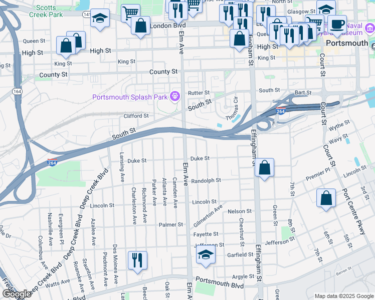 map of restaurants, bars, coffee shops, grocery stores, and more near 1405 Elm Avenue in Portsmouth