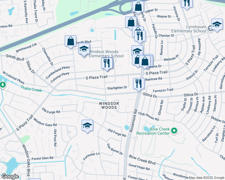map of restaurants, bars, coffee shops, grocery stores, and more near 3713 Starlighter Drive in Virginia Beach