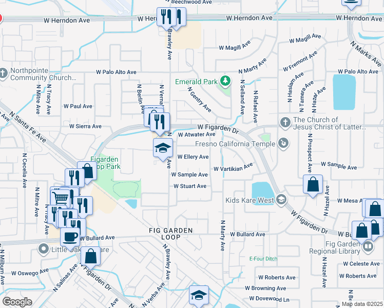 map of restaurants, bars, coffee shops, grocery stores, and more near 3712 West Ellery Avenue in Fresno