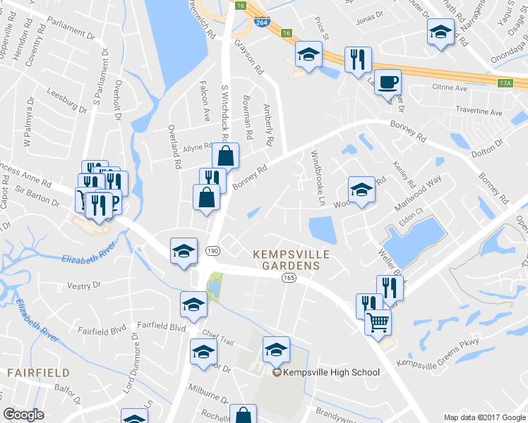 map of restaurants, bars, coffee shops, grocery stores, and more near 263 Mannings Lane in Virginia Beach