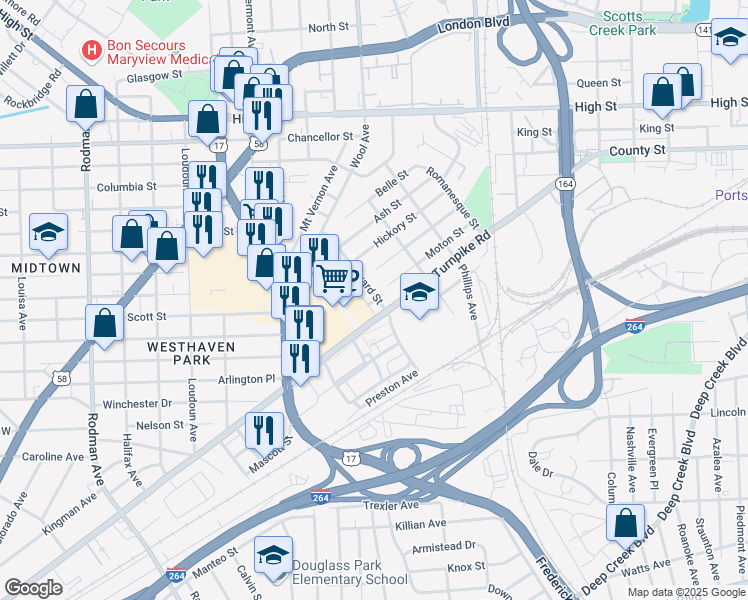 map of restaurants, bars, coffee shops, grocery stores, and more near 102 Howard Street in Portsmouth