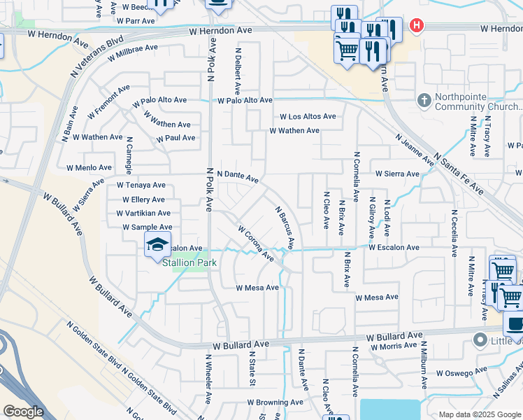 map of restaurants, bars, coffee shops, grocery stores, and more near 6362 North Delbert Avenue in Fresno