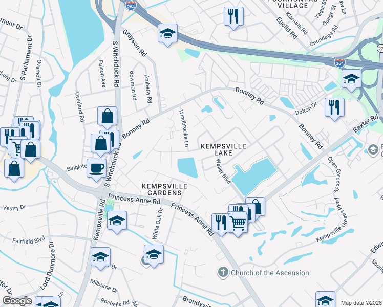 map of restaurants, bars, coffee shops, grocery stores, and more near 4845 Woods Edge Road in Virginia Beach