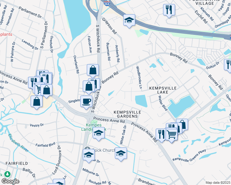 map of restaurants, bars, coffee shops, grocery stores, and more near 263 Mannings Lane in Virginia Beach