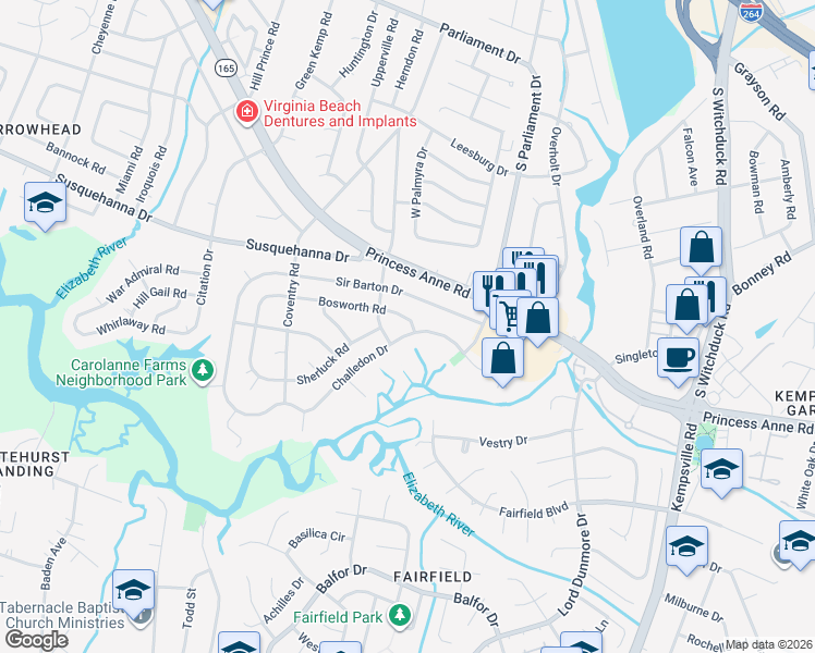 map of restaurants, bars, coffee shops, grocery stores, and more near 5324 Challedon Drive in Virginia Beach
