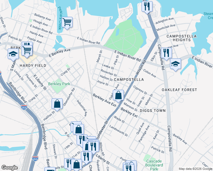 map of restaurants, bars, coffee shops, grocery stores, and more near 901 Joyce Street in Norfolk