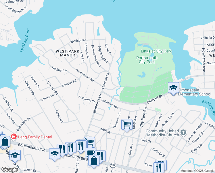 map of restaurants, bars, coffee shops, grocery stores, and more near 1 Pennington Boulevard in Portsmouth