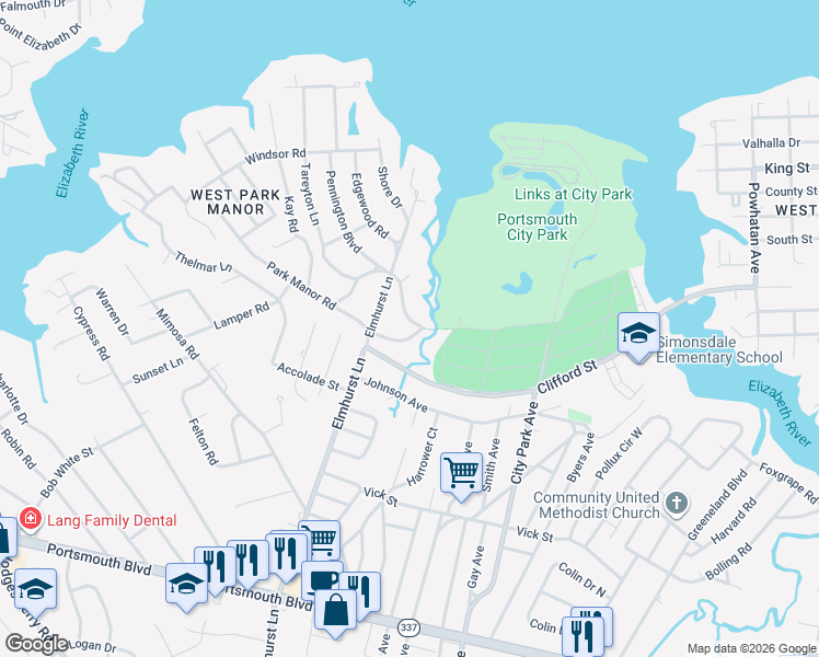 map of restaurants, bars, coffee shops, grocery stores, and more near 1 Pennington Boulevard in Portsmouth