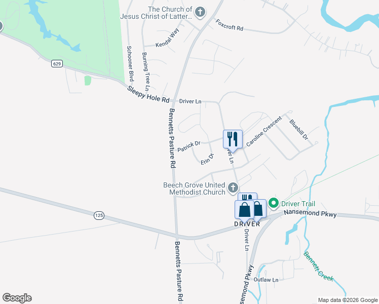 map of restaurants, bars, coffee shops, grocery stores, and more near 1002 Erin Drive in Suffolk