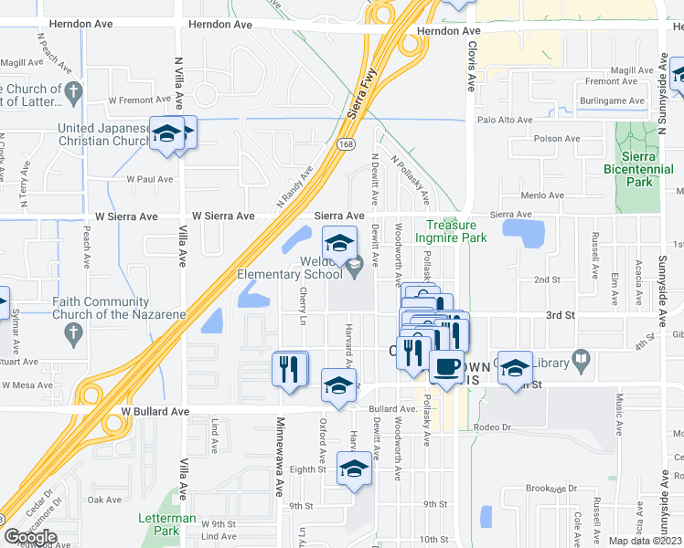 map of restaurants, bars, coffee shops, grocery stores, and more near 150 Dewitt Avenue in Clovis