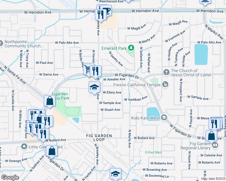 map of restaurants, bars, coffee shops, grocery stores, and more near 3706 West Ellery Avenue in Fresno