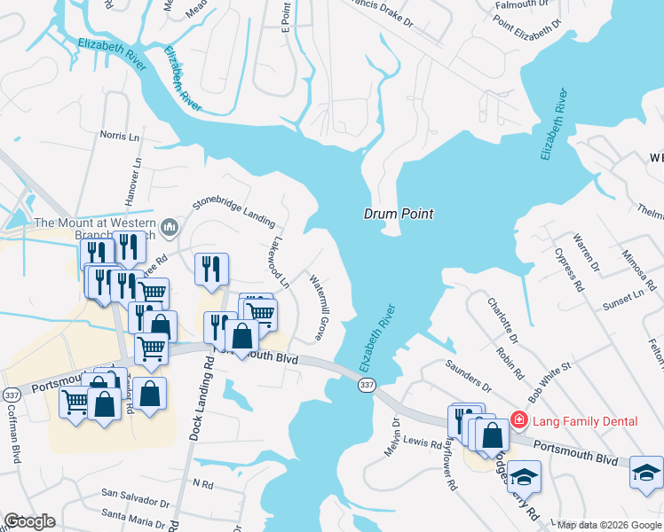 map of restaurants, bars, coffee shops, grocery stores, and more near 3808 Millgrove Court in Chesapeake