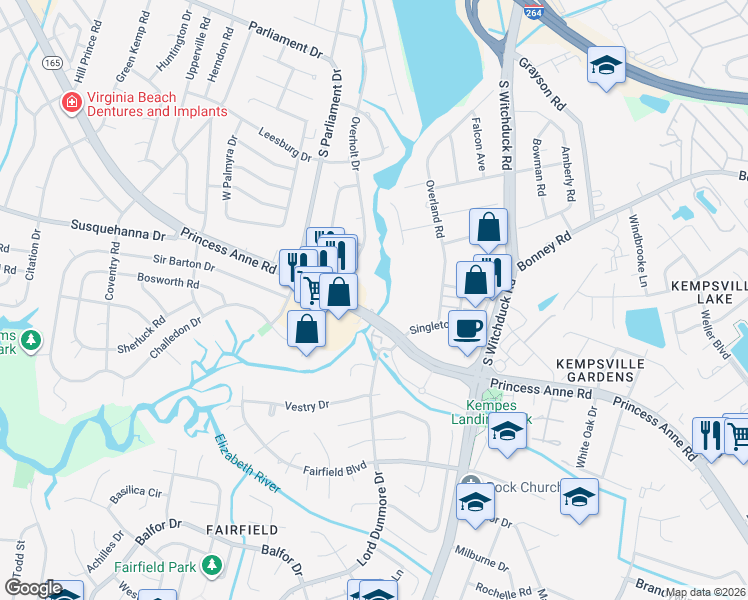 map of restaurants, bars, coffee shops, grocery stores, and more near 308 Riveranne Court in Virginia Beach