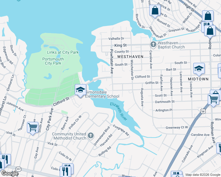 map of restaurants, bars, coffee shops, grocery stores, and more near 1208 Powhatan Ave in Portsmouth