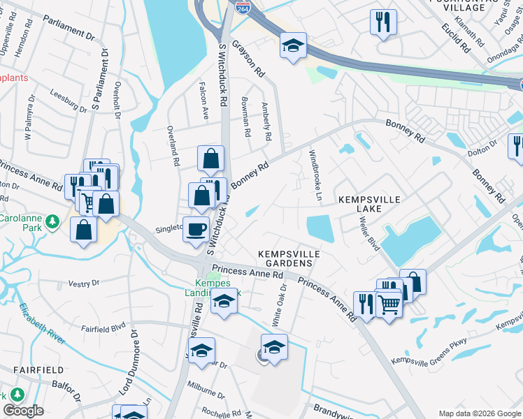 map of restaurants, bars, coffee shops, grocery stores, and more near 263 Mannings Lane in Virginia Beach