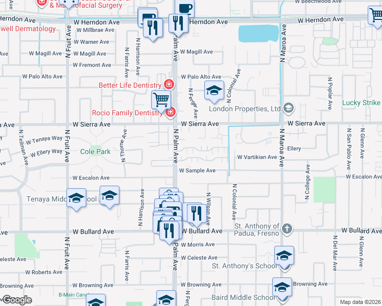 map of restaurants, bars, coffee shops, grocery stores, and more near 6300 North Palm Avenue in Fresno
