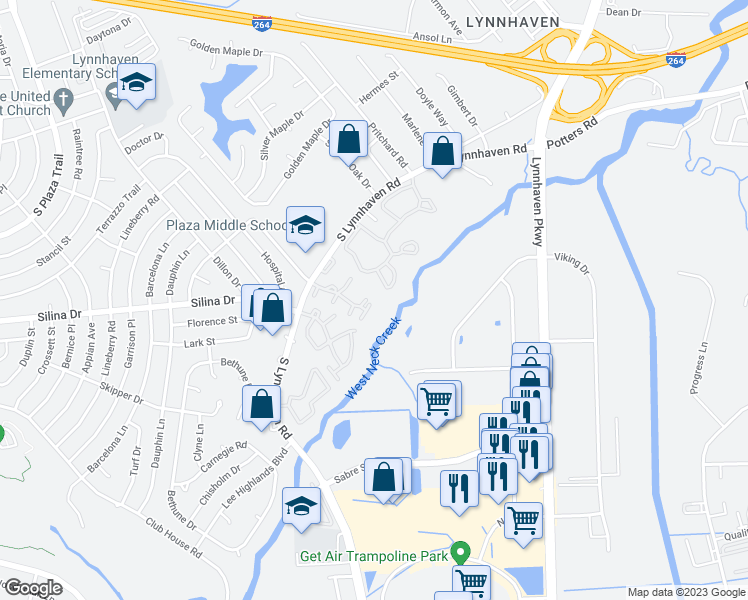 map of restaurants, bars, coffee shops, grocery stores, and more near 408 Abbotsleigh Court in Virginia Beach