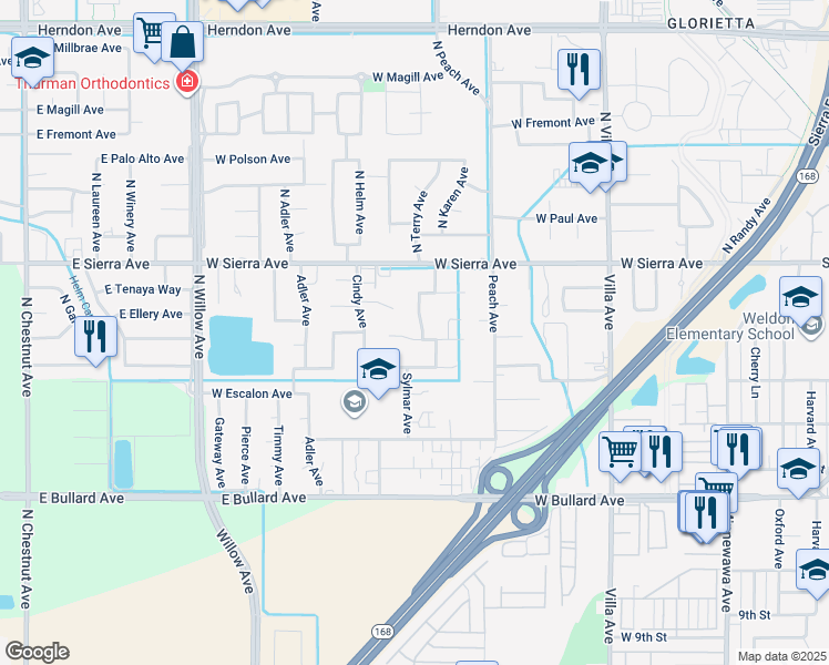 map of restaurants, bars, coffee shops, grocery stores, and more near 529 West Sample Avenue in Clovis
