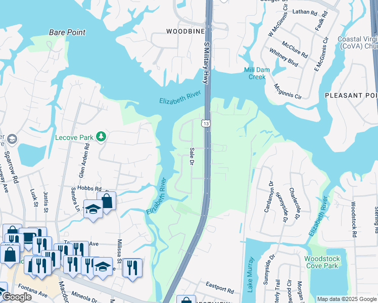 map of restaurants, bars, coffee shops, grocery stores, and more near 3465 Sale Drive in Virginia Beach