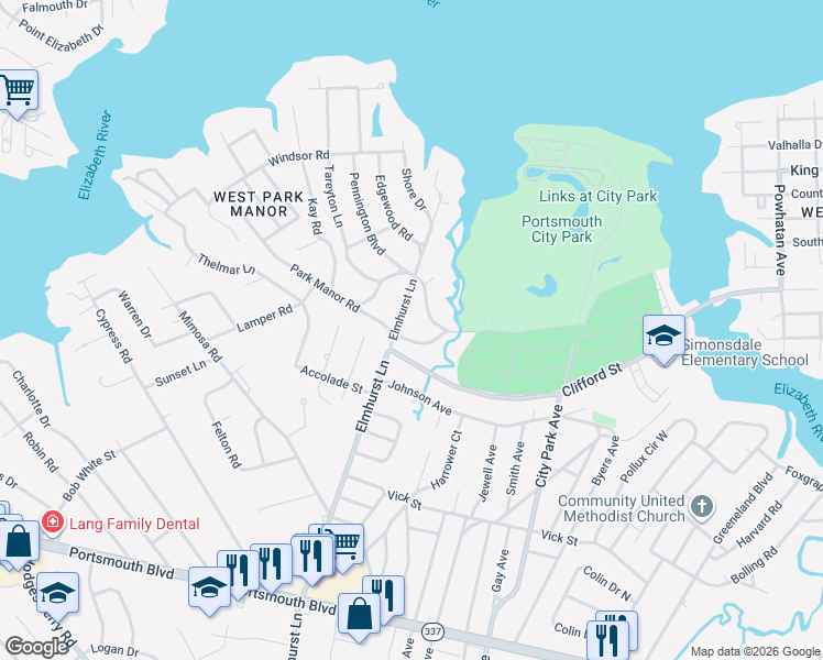 map of restaurants, bars, coffee shops, grocery stores, and more near 1 Pennington Boulevard in Portsmouth
