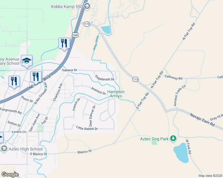 map of restaurants, bars, coffee shops, grocery stores, and more near 720 Sagebrush Drive in Aztec