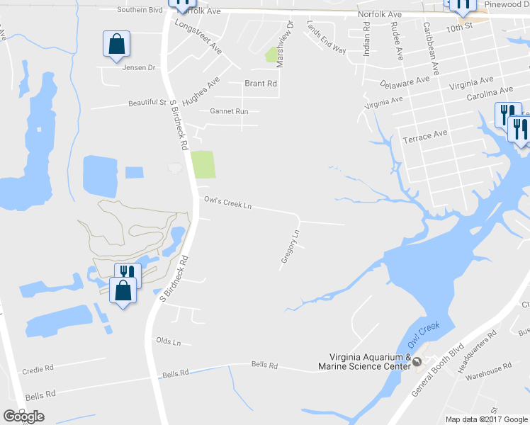 map of restaurants, bars, coffee shops, grocery stores, and more near 1029 Owl's Creek Lane in Virginia Beach