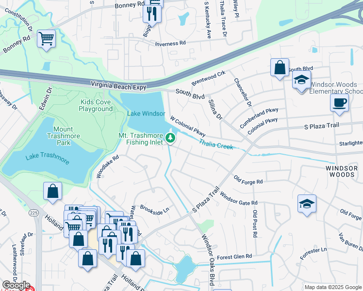 map of restaurants, bars, coffee shops, grocery stores, and more near 3964 Old Forge Road in Virginia Beach