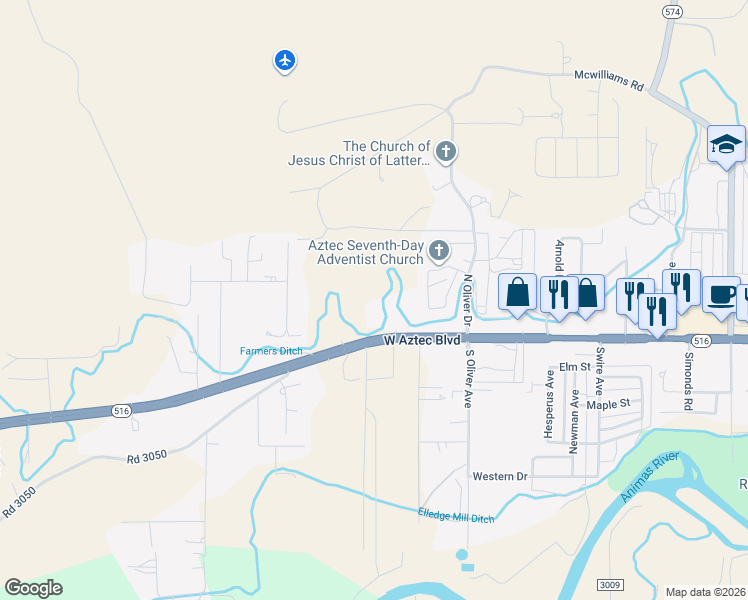 map of restaurants, bars, coffee shops, grocery stores, and more near 2121 West Aztec Boulevard in Aztec