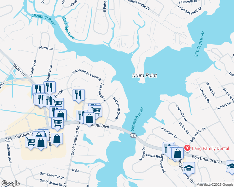 map of restaurants, bars, coffee shops, grocery stores, and more near 3813 Stonebridge Landing in Chesapeake