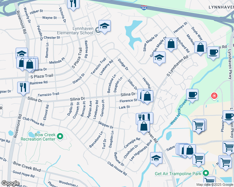 map of restaurants, bars, coffee shops, grocery stores, and more near 336 Dauphin Lane in Virginia Beach