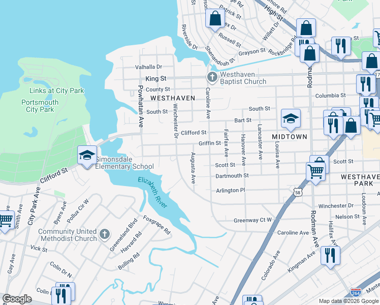 map of restaurants, bars, coffee shops, grocery stores, and more near 1210 Augusta Avenue in Portsmouth
