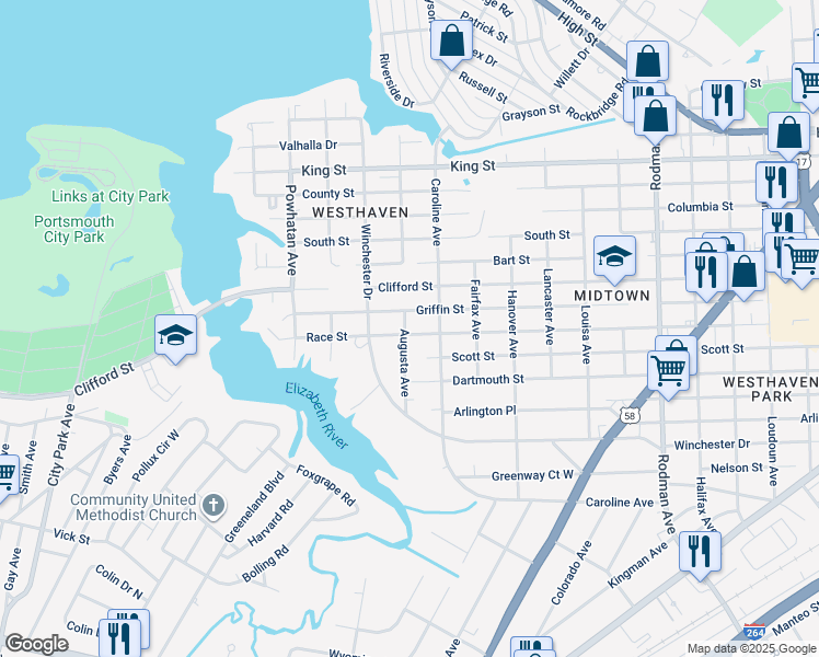 map of restaurants, bars, coffee shops, grocery stores, and more near 4320 Race Street in Portsmouth