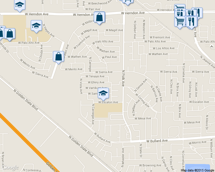 map of restaurants, bars, coffee shops, grocery stores, and more near 5614 West Vartikian Avenue in Fresno
