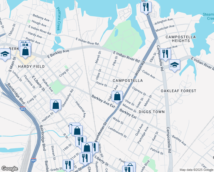 map of restaurants, bars, coffee shops, grocery stores, and more near 901 Joyce Street in Norfolk