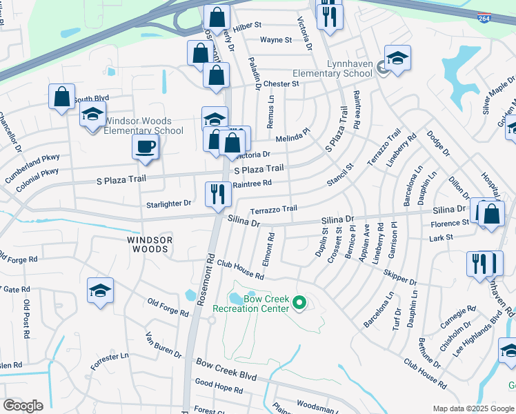 map of restaurants, bars, coffee shops, grocery stores, and more near 3528 Terrazzo Trail in Virginia Beach