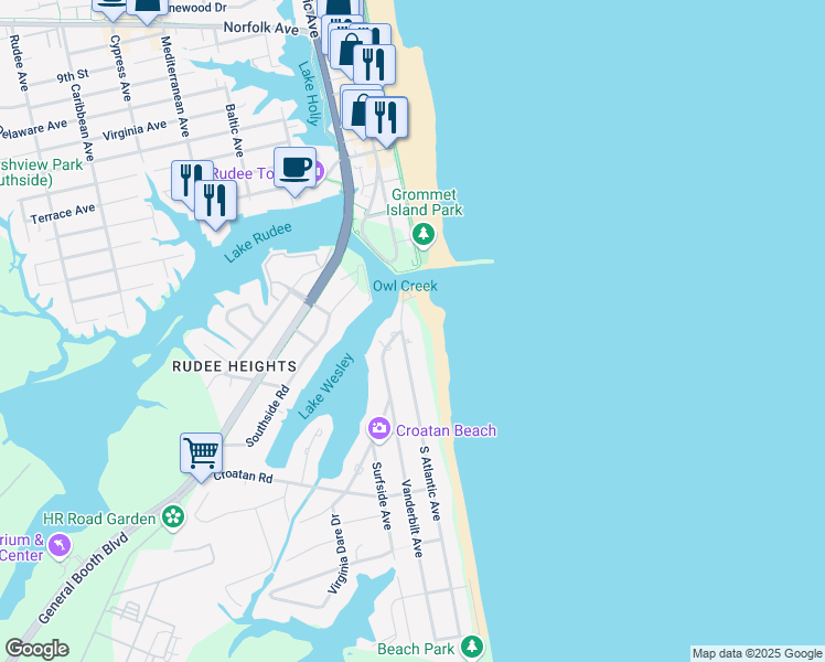 map of restaurants, bars, coffee shops, grocery stores, and more near 502 South Atlantic Avenue in Virginia Beach