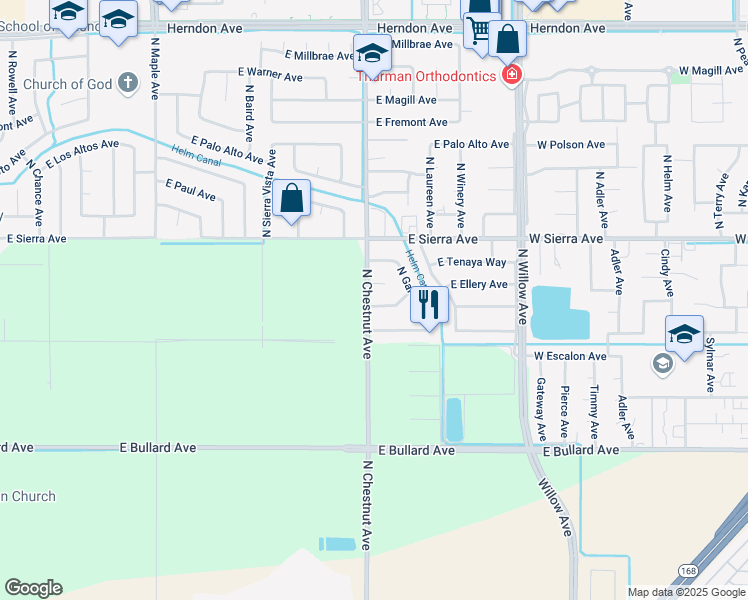 map of restaurants, bars, coffee shops, grocery stores, and more near 3016 East Vartikian Avenue in Fresno