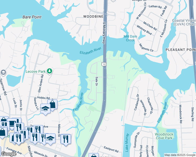 map of restaurants, bars, coffee shops, grocery stores, and more near 3468 Sale Drive in Virginia Beach