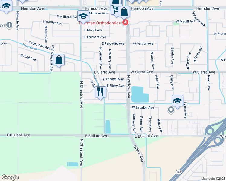 map of restaurants, bars, coffee shops, grocery stores, and more near 3238 East Vartikian Avenue in Fresno