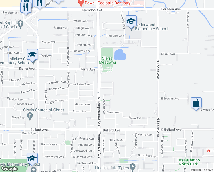 map of restaurants, bars, coffee shops, grocery stores, and more near 2657 Sample Avenue in Clovis