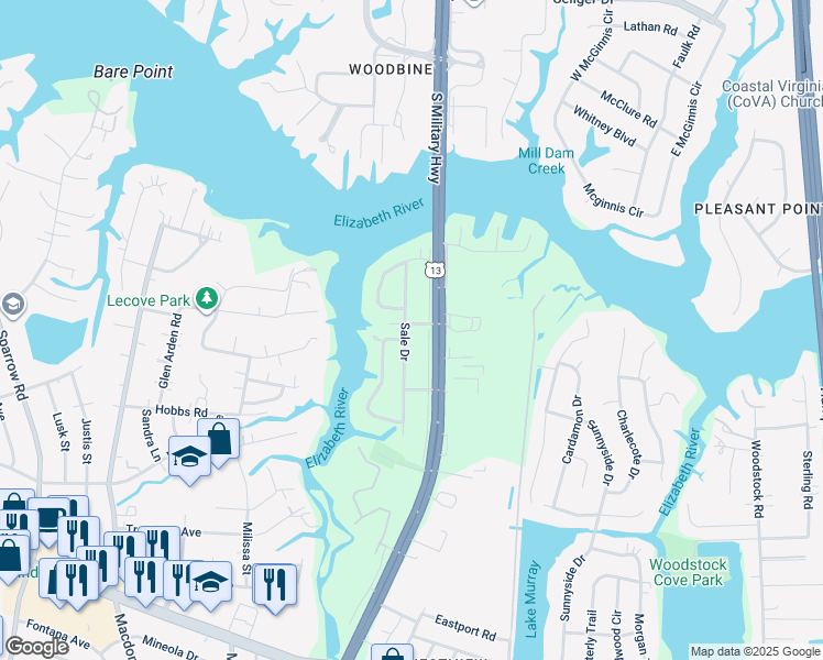 map of restaurants, bars, coffee shops, grocery stores, and more near 3468 Sale Drive in Virginia Beach