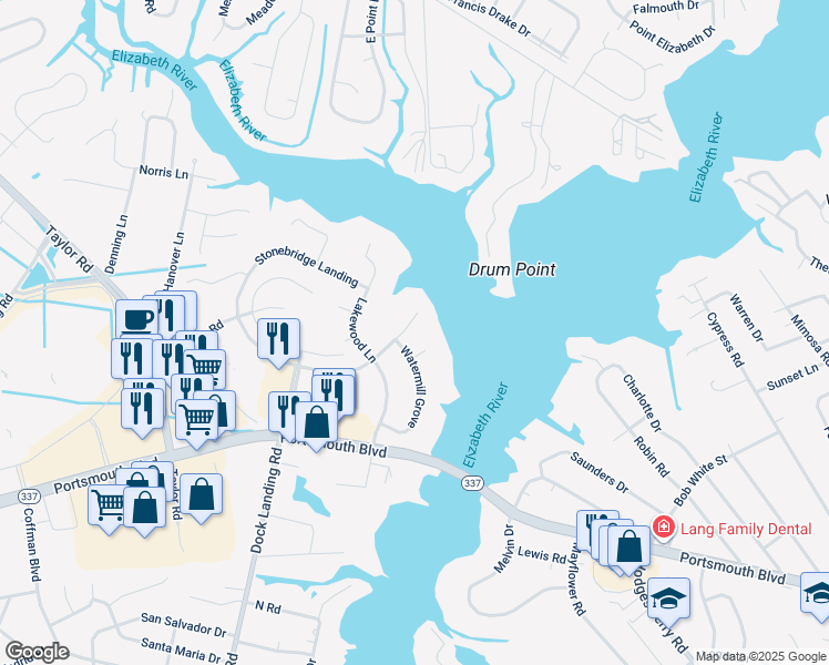 map of restaurants, bars, coffee shops, grocery stores, and more near 3813 Stonebridge Landing in Chesapeake