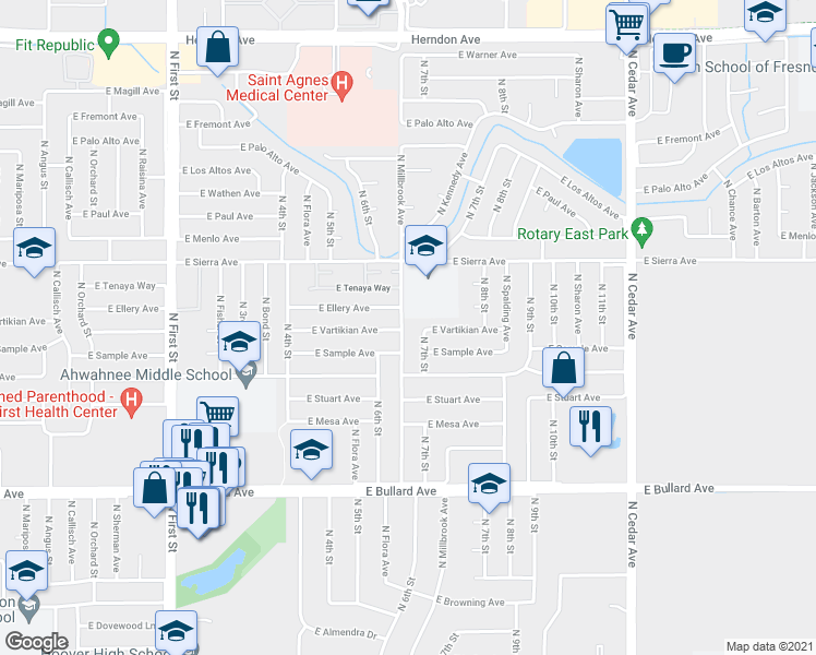 map of restaurants, bars, coffee shops, grocery stores, and more near 6284 North Millbrook Avenue in Fresno