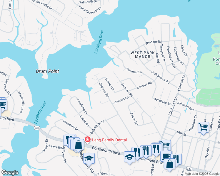 map of restaurants, bars, coffee shops, grocery stores, and more near 37 Cypress Road in Portsmouth