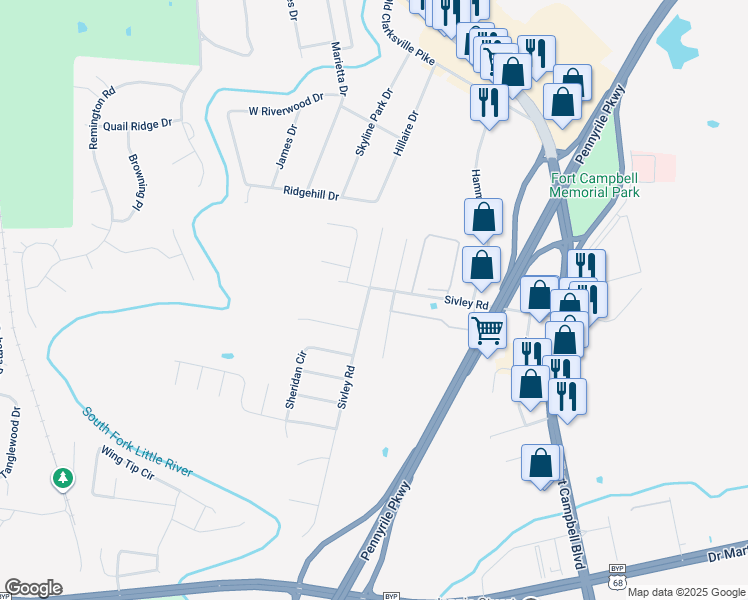 map of restaurants, bars, coffee shops, grocery stores, and more near 751 Sivley Road in Hopkinsville