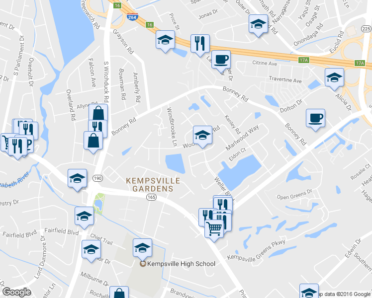 map of restaurants, bars, coffee shops, grocery stores, and more near 4829 Woods Edge Road in Virginia Beach